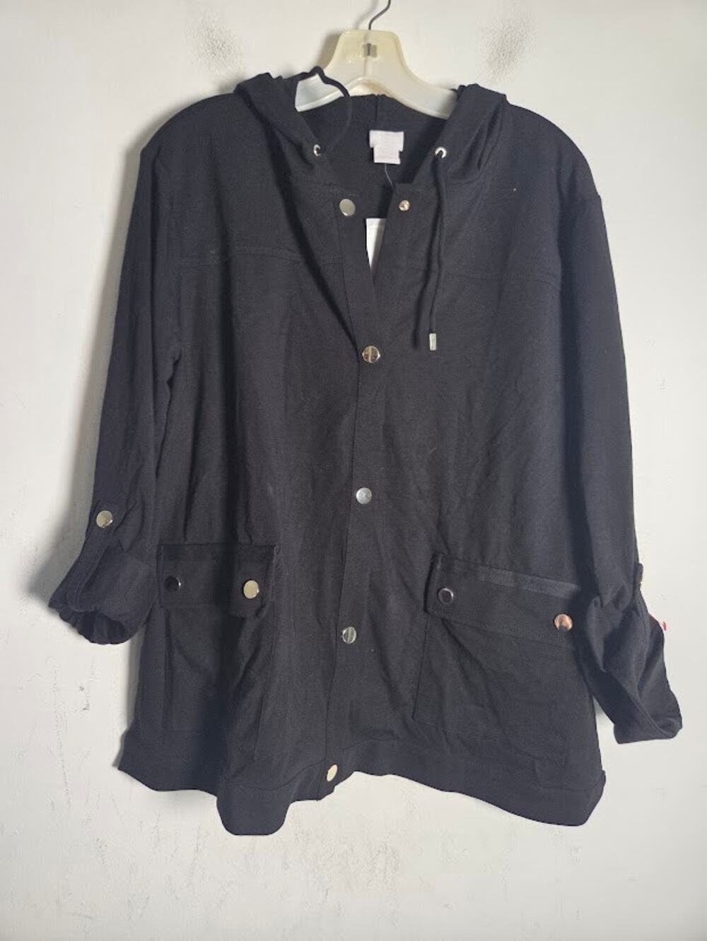 NWT Chico's Zenergy Black Cotton Jersey Knit Button Hooded Jacket size 3/US 18